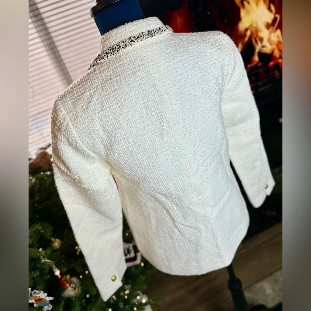 EUC Talbots Cream Tweed Blazer w/ Fringe Trim